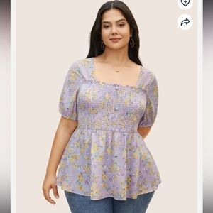 BloomChic Plus Size 2XL Floral Square Neck Shirred Frill Trim Blouse